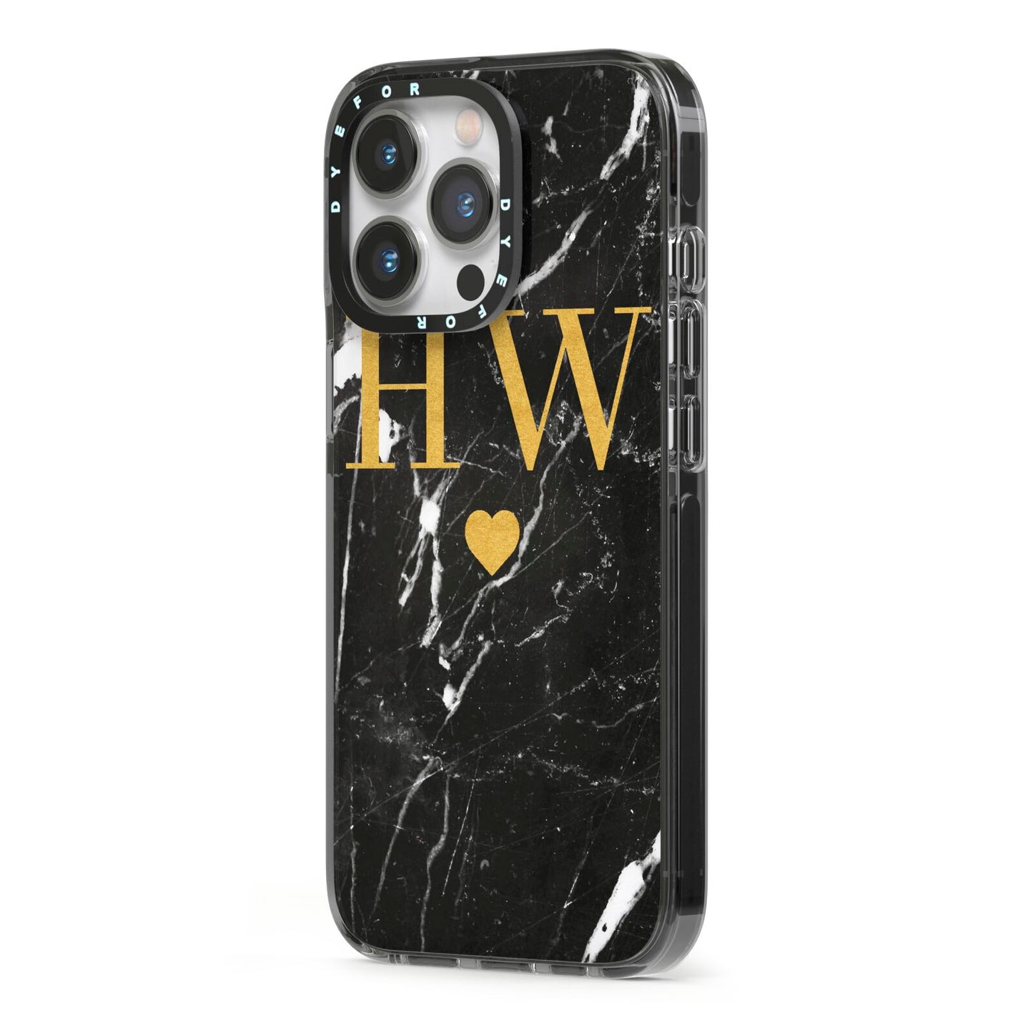 Marble Gold Initials Monogram Personalised iPhone 13 Pro Black Impact Case Side Angle on Silver phone