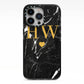 Marble Gold Initials Monogram Personalised iPhone 13 Pro Black Impact Case on Silver phone