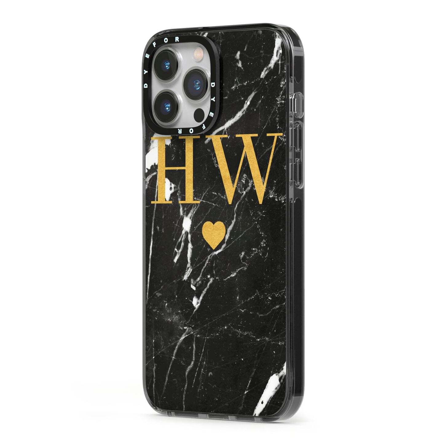 Marble Gold Initials Monogram Personalised iPhone 13 Pro Max Black Impact Case Side Angle on Silver phone