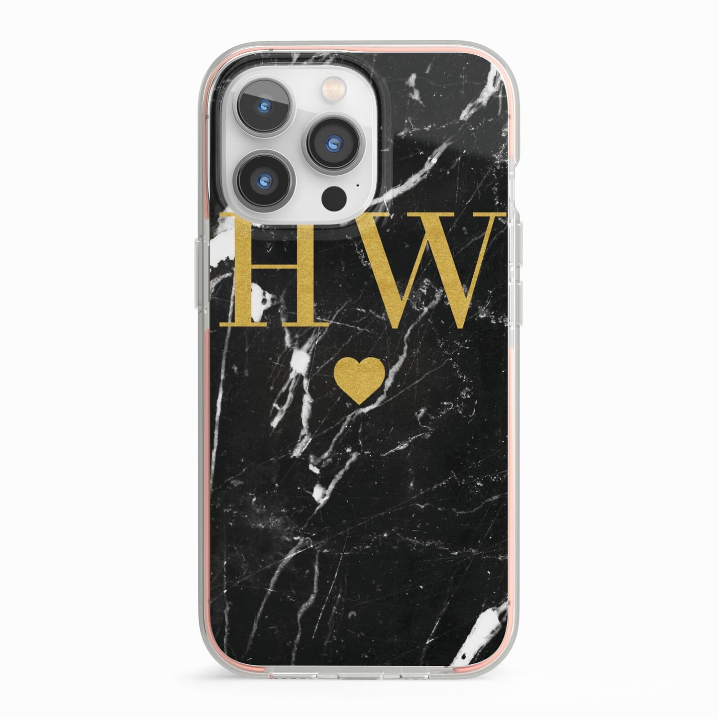 Marble Gold Initials Monogram Personalised iPhone 13 Pro TPU Impact Case with Pink Edges