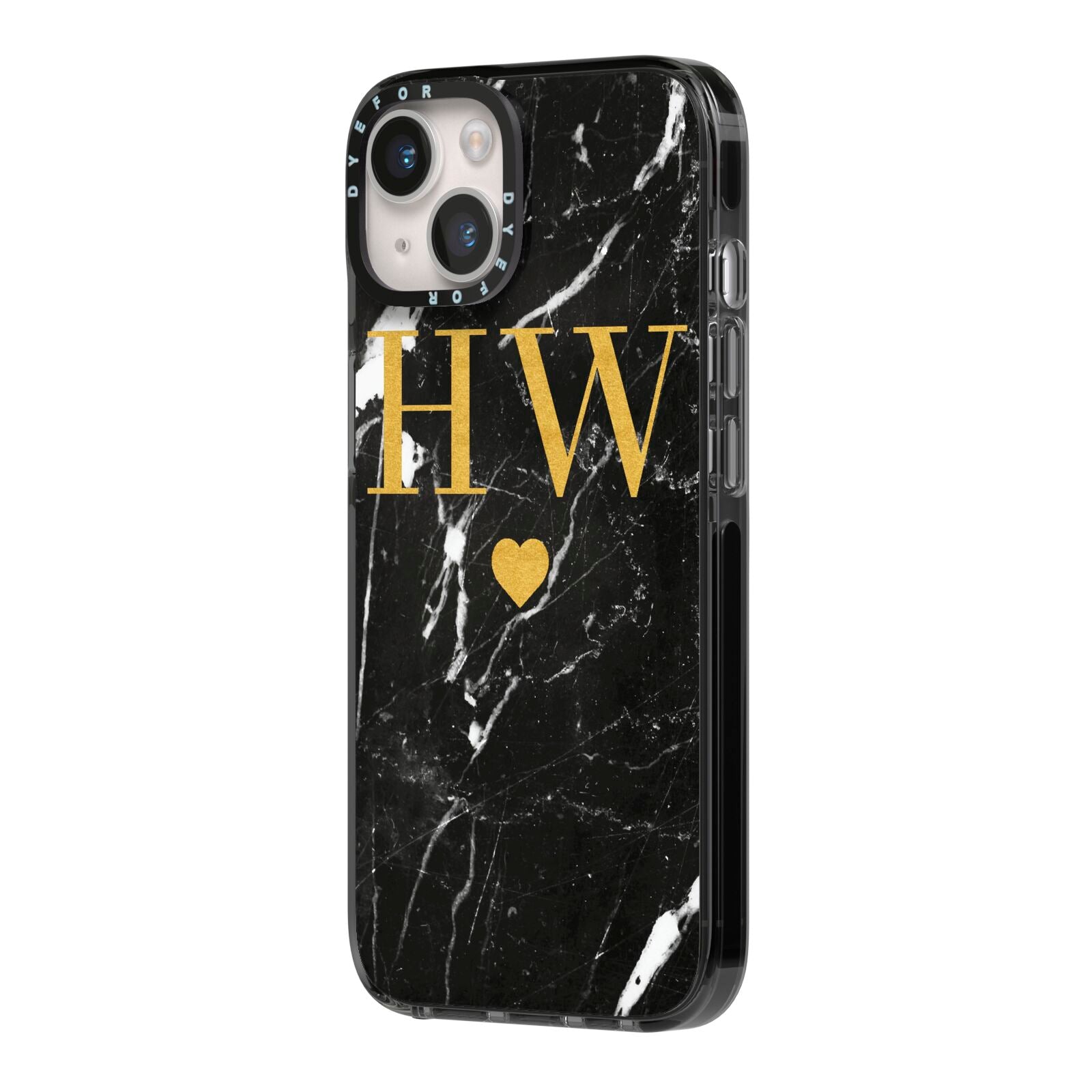 Marble Gold Initials Monogram Personalised iPhone 14 Black Impact Case Side Angle on Silver phone