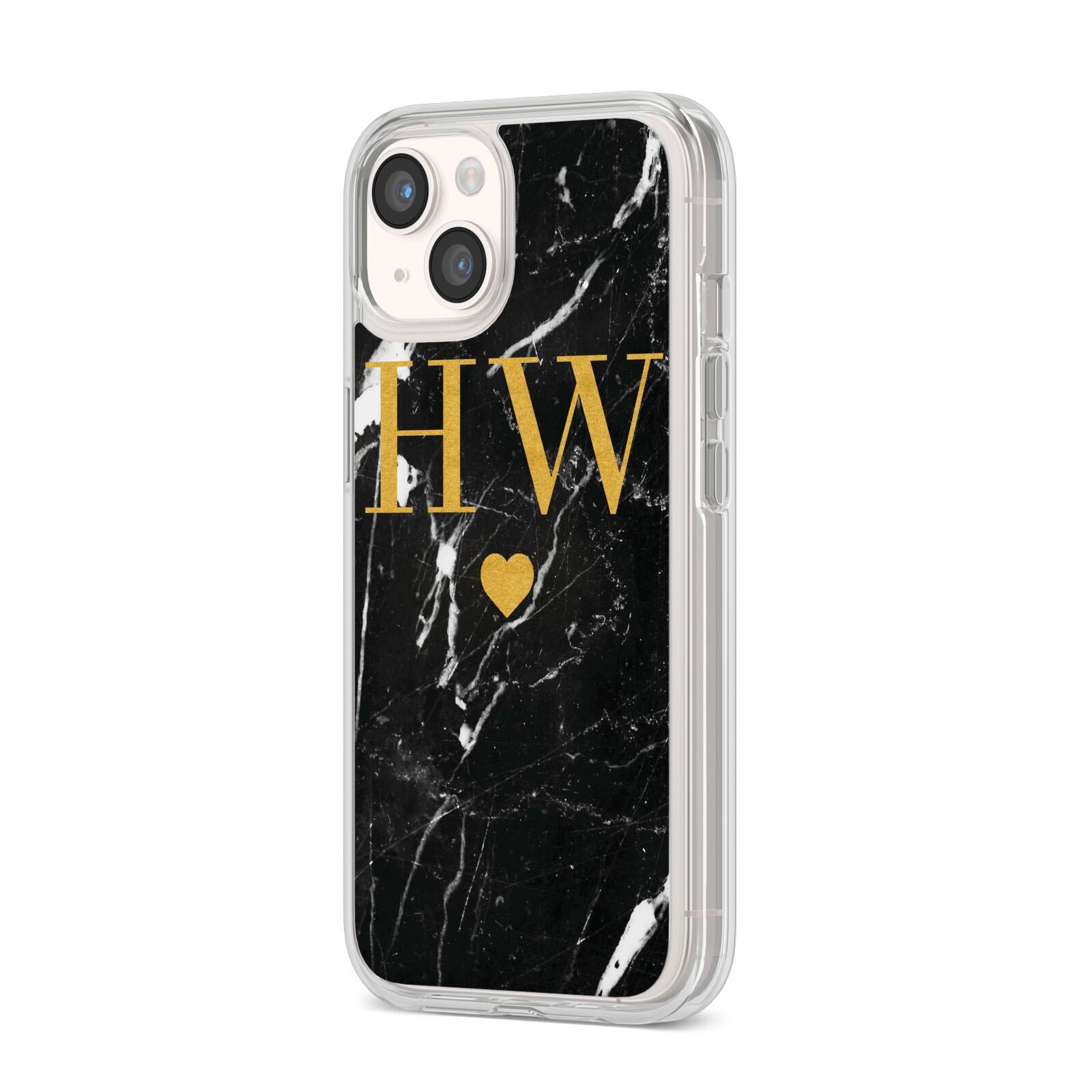 Marble Gold Initials Monogram Personalised iPhone 14 Clear Tough Case Starlight Angled Image