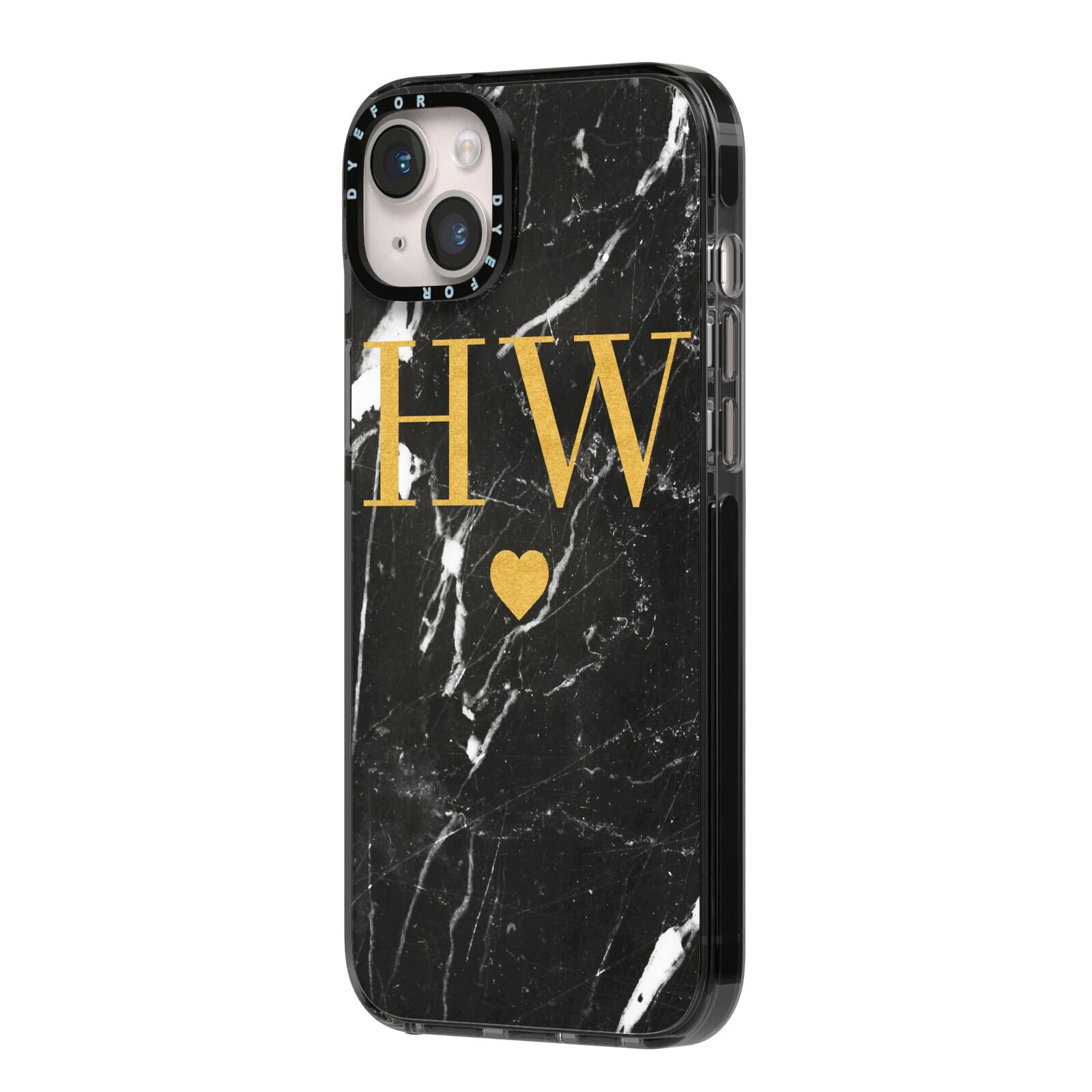 Marble Gold Initials Monogram Personalised iPhone 14 Plus Black Impact Case Side Angle on Silver phone