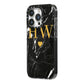 Marble Gold Initials Monogram Personalised iPhone 14 Pro Black Impact Case Side Angle on Silver phone