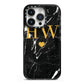Marble Gold Initials Monogram Personalised iPhone 14 Pro Black Impact Case on Silver phone