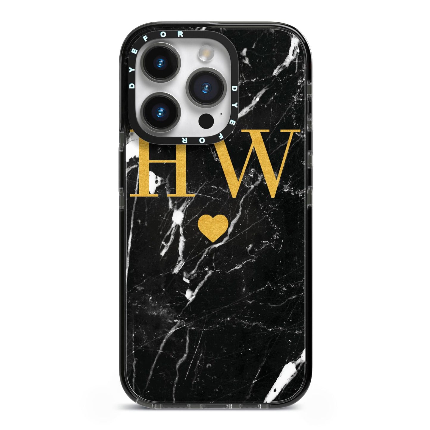 Marble Gold Initials Monogram Personalised iPhone 14 Pro Black Impact Case on Silver phone