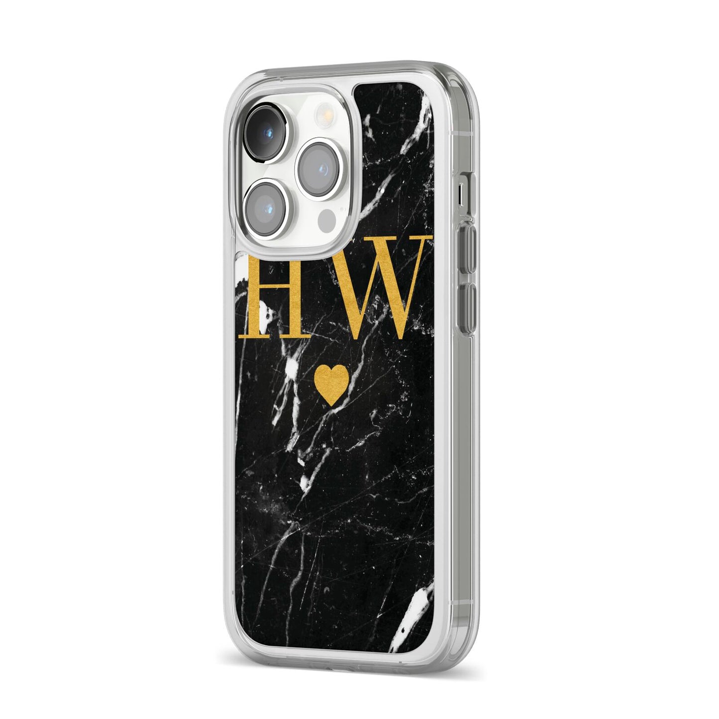Marble Gold Initials Monogram Personalised iPhone 14 Pro Clear Tough Case Silver Angled Image