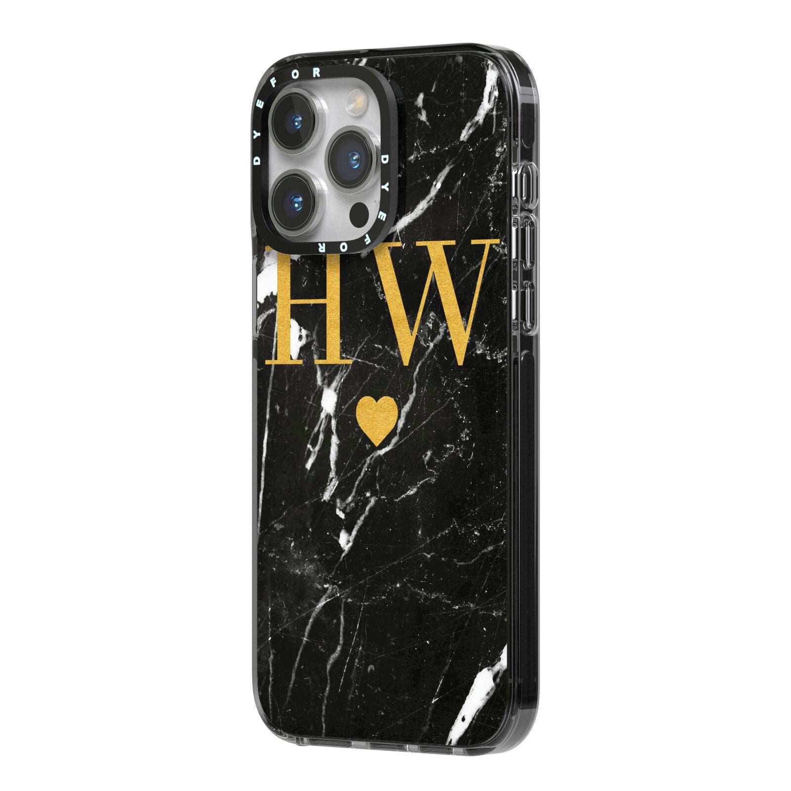 Marble Gold Initials Monogram Personalised iPhone 14 Pro Max Black Impact Case Side Angle on Silver phone