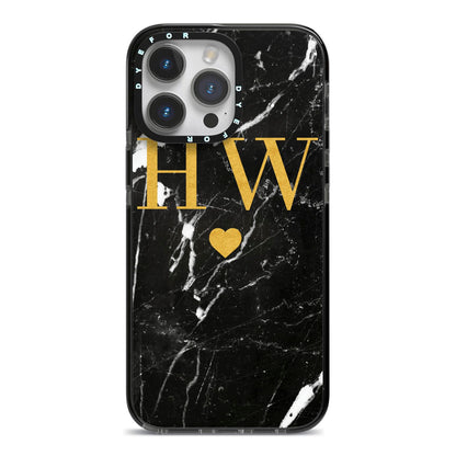 Marble Gold Initials Monogram Personalised iPhone 14 Pro Max Black Impact Case on Silver phone
