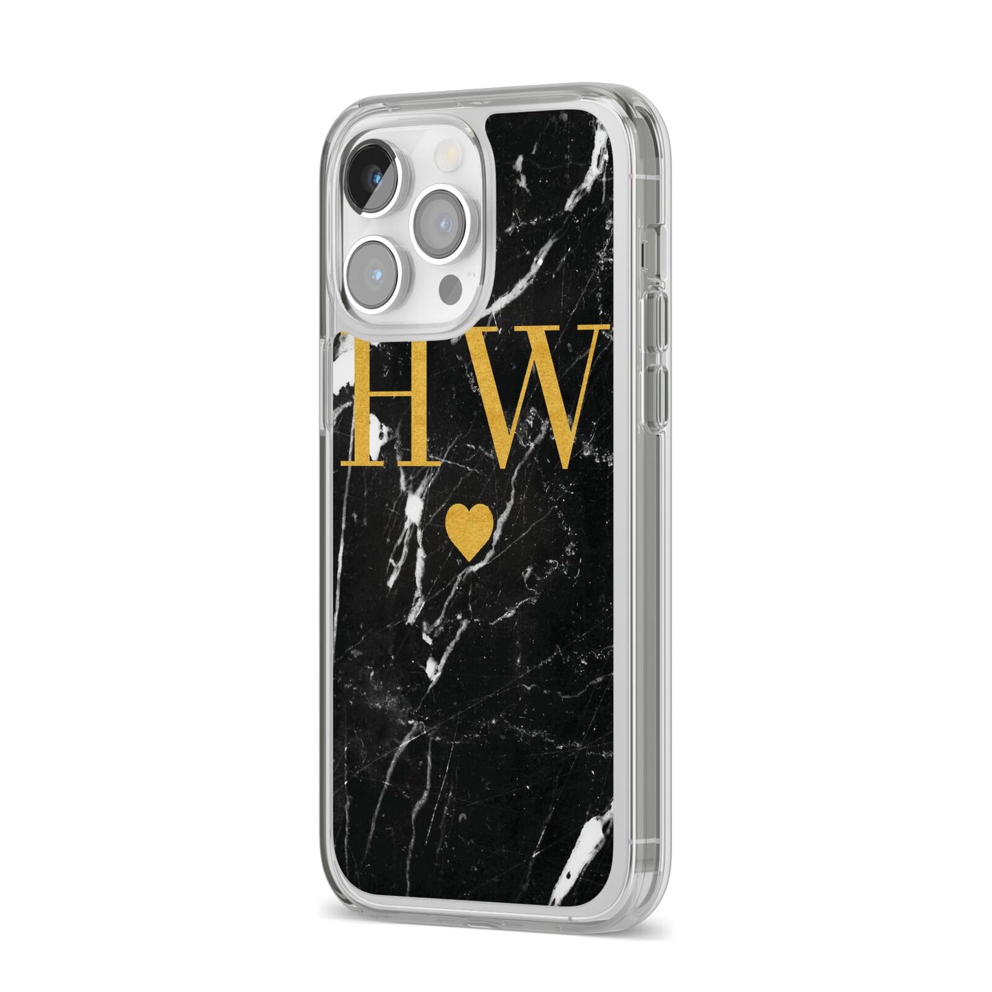 Marble Gold Initials Monogram Personalised iPhone 14 Pro Max Clear Tough Case Silver Angled Image