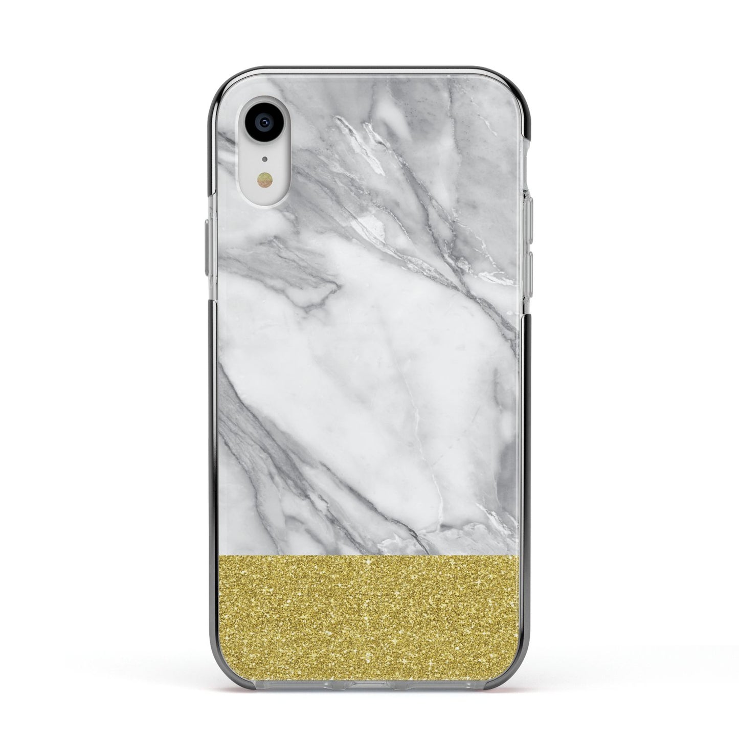 Marble Grey White Gold Apple iPhone XR Impact Case Black Edge on Silver Phone