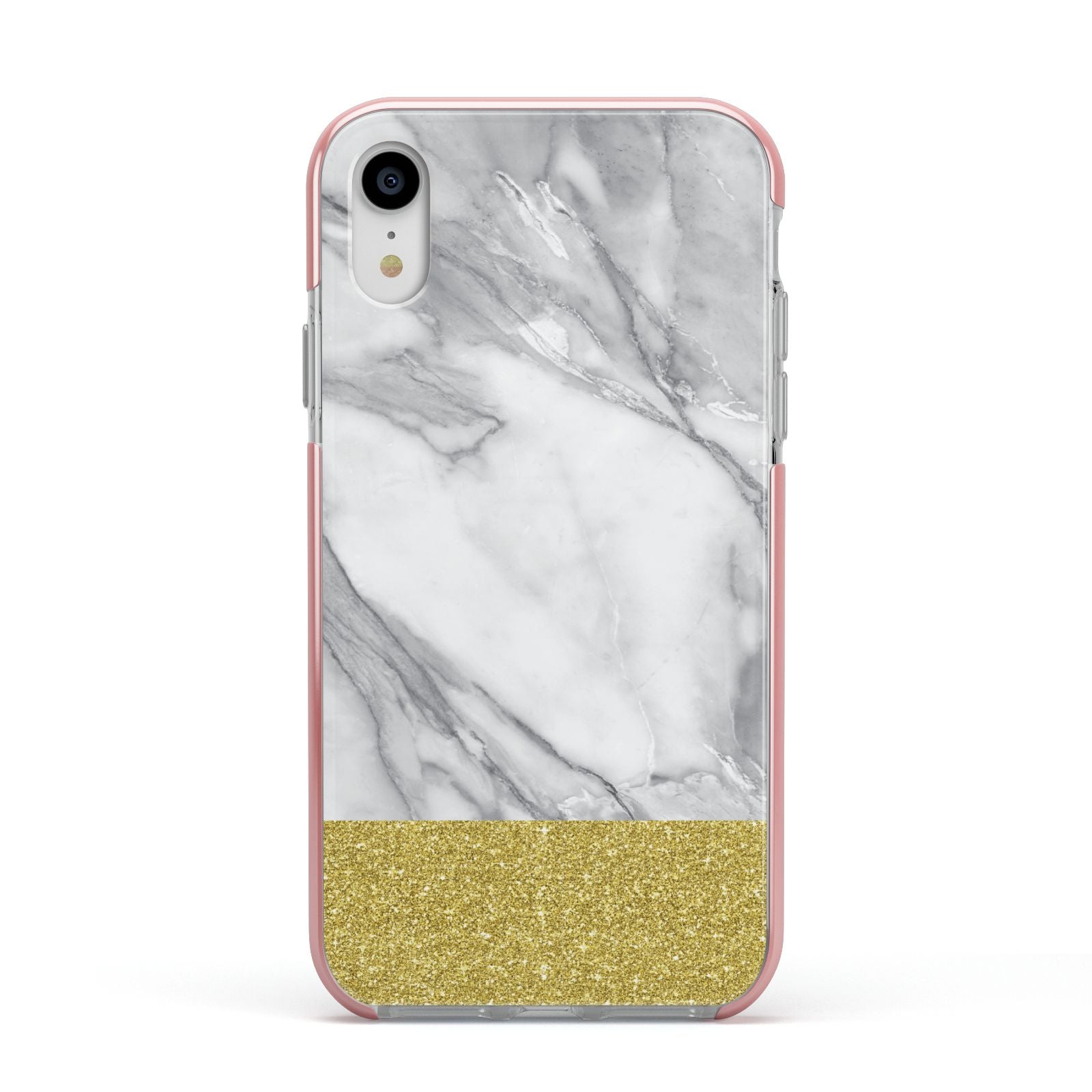 Marble Grey White Gold Apple iPhone XR Impact Case Pink Edge on Silver Phone