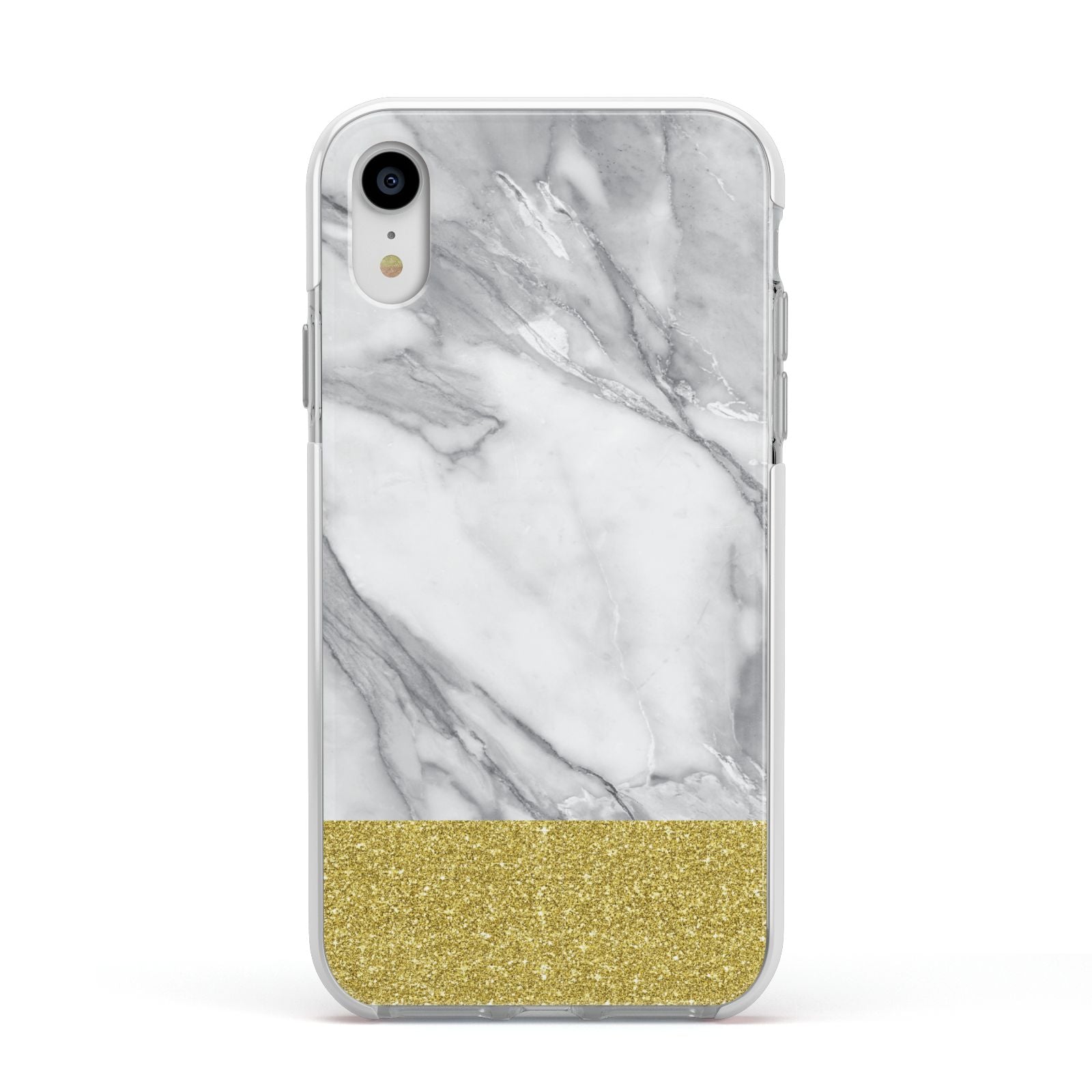 Marble Grey White Gold Apple iPhone XR Impact Case White Edge on Silver Phone