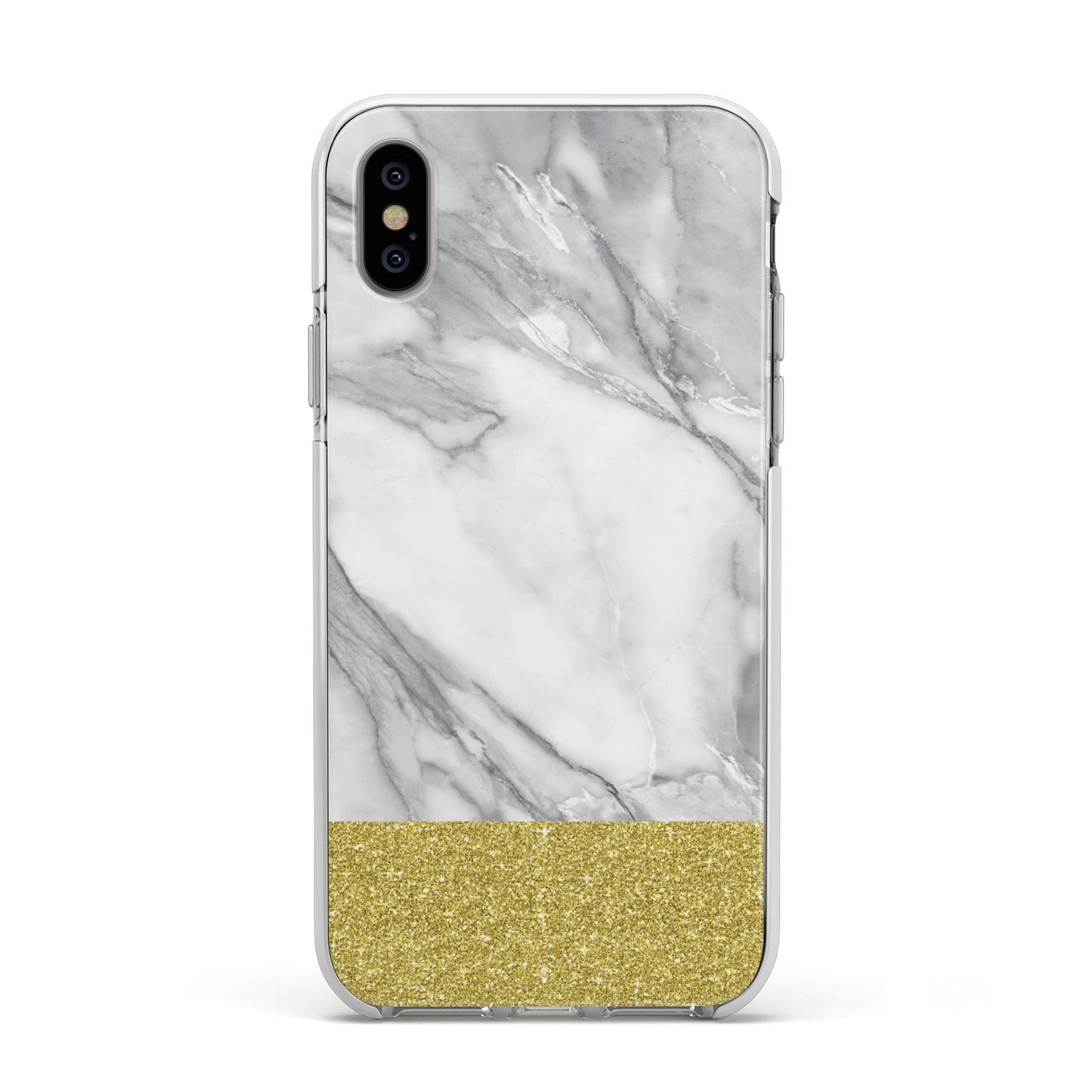 Marble Grey White Gold Apple iPhone Xs Impact Case White Edge on Silver Phone