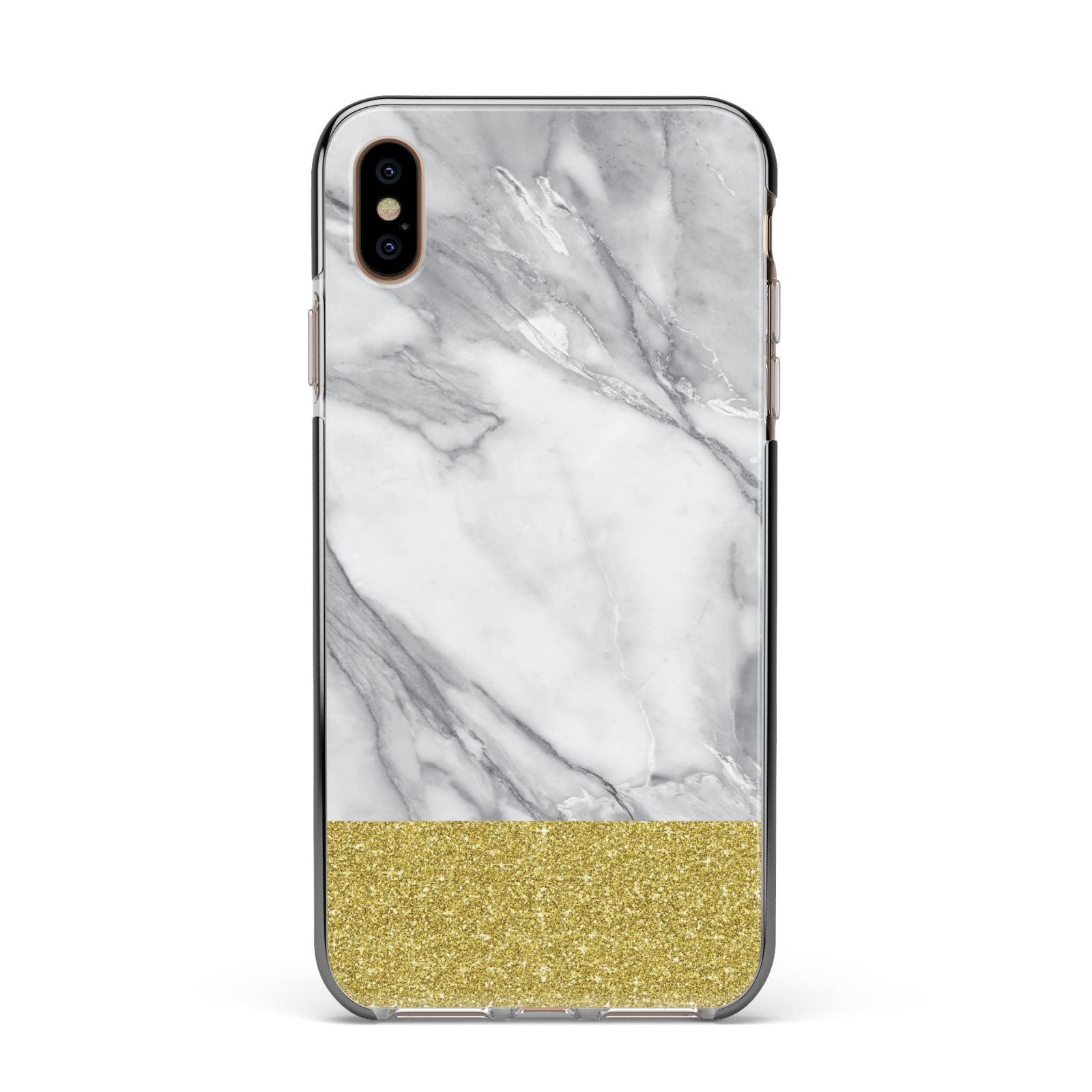 Marble Grey White Gold Apple iPhone Xs Max Impact Case Black Edge on Gold Phone