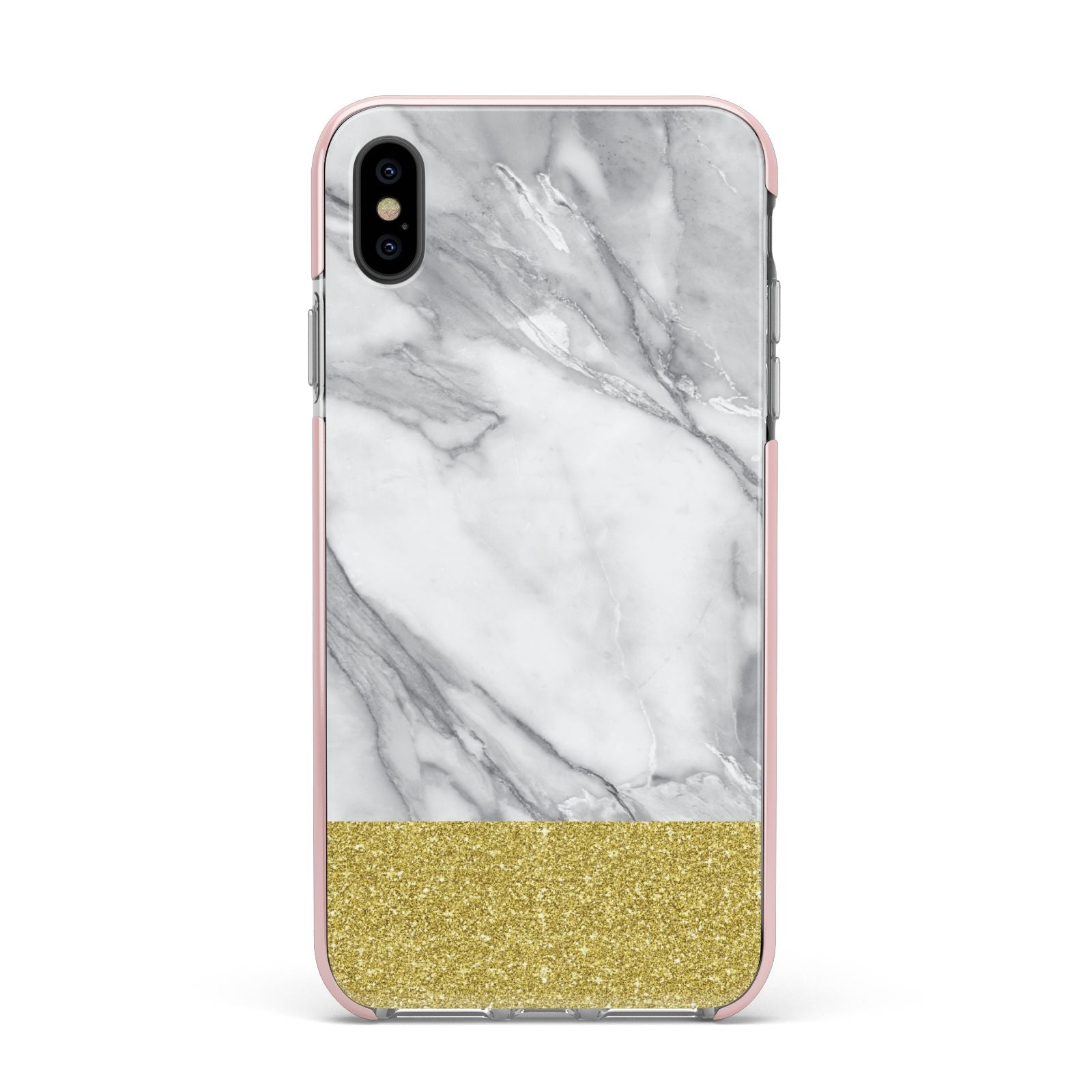 Marble Grey White Gold Apple iPhone Xs Max Impact Case Pink Edge on Black Phone