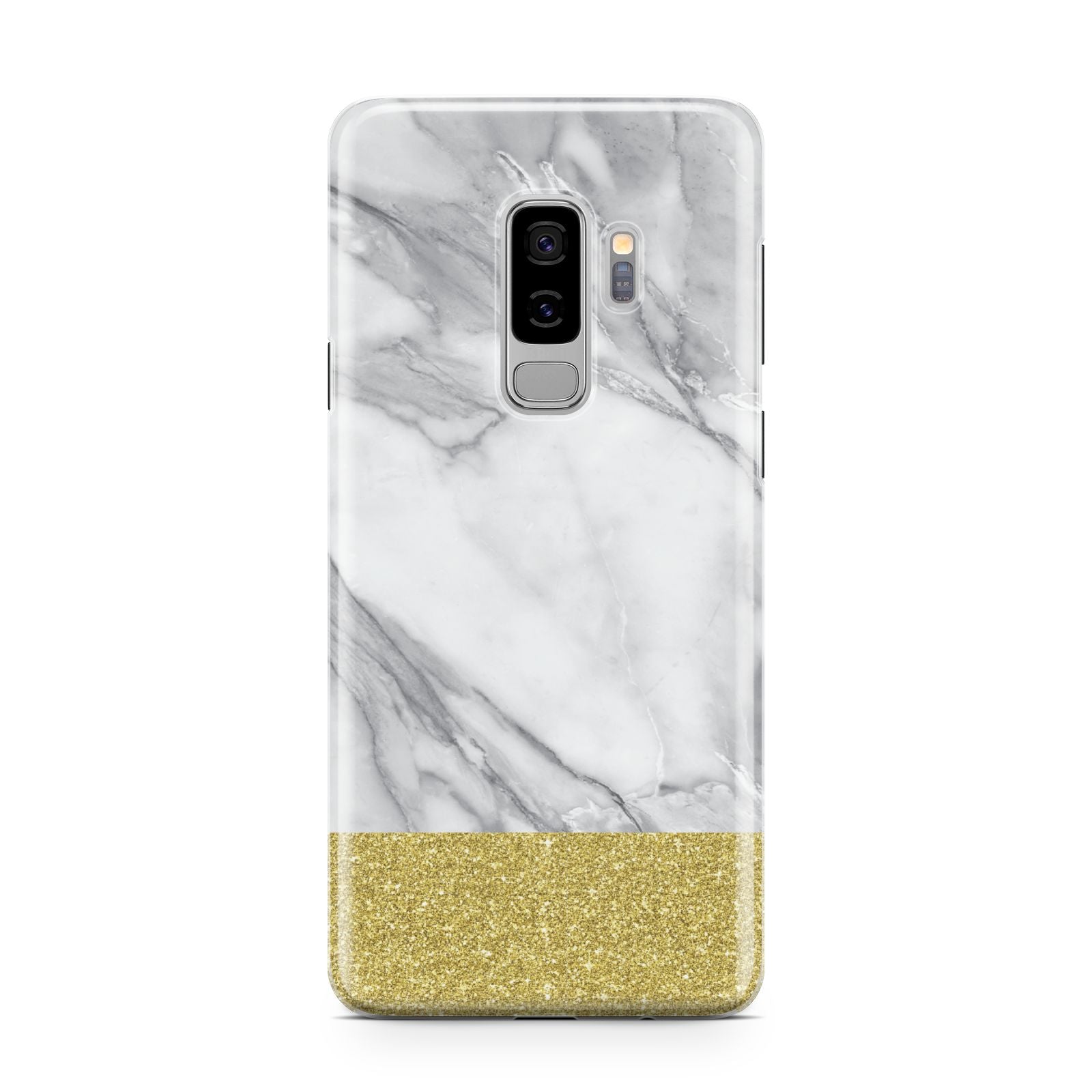 Marble Grey White Gold Samsung Galaxy S9 Plus Case on Silver phone