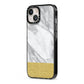Marble Grey White Gold iPhone 13 Black Impact Case Side Angle on Silver phone