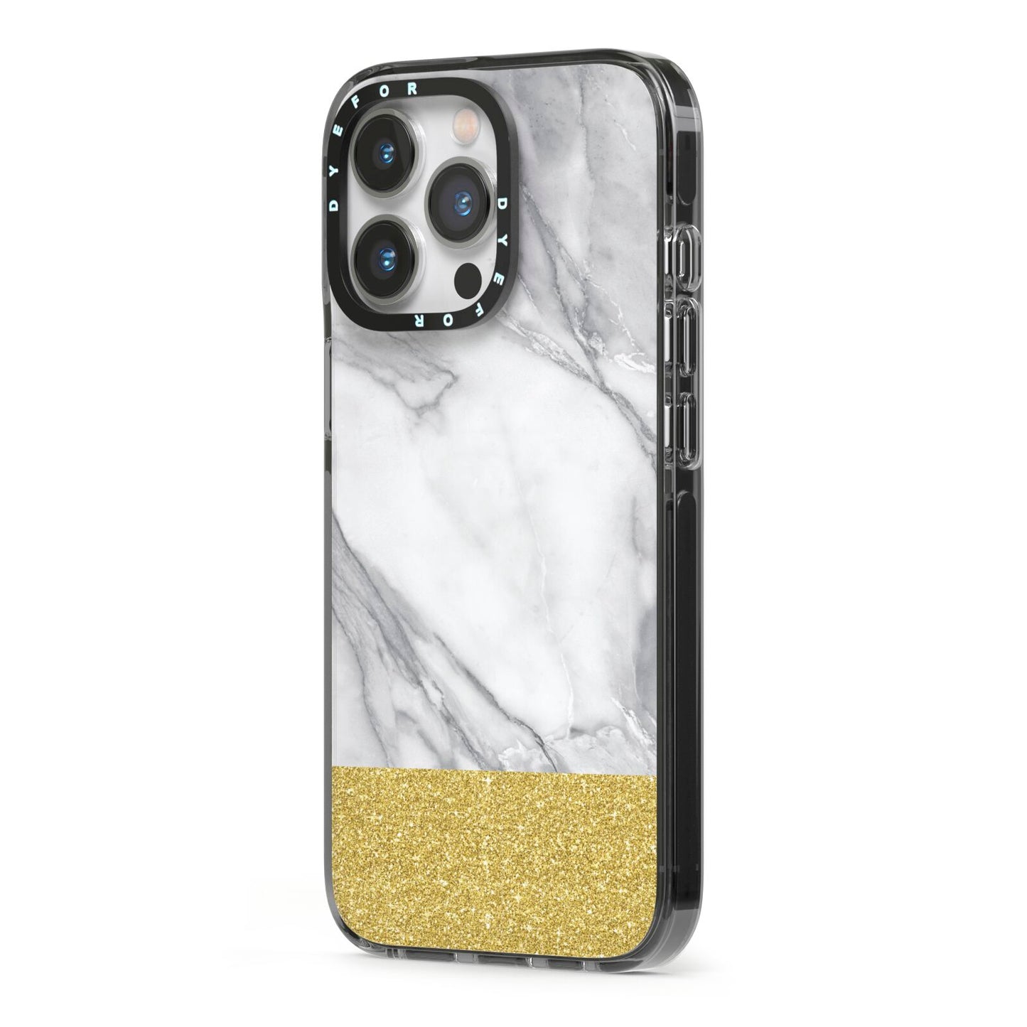 Marble Grey White Gold iPhone 13 Pro Black Impact Case Side Angle on Silver phone
