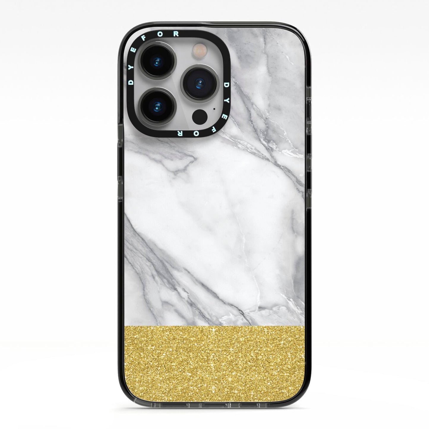 Marble Grey White Gold iPhone 13 Pro Black Impact Case on Silver phone