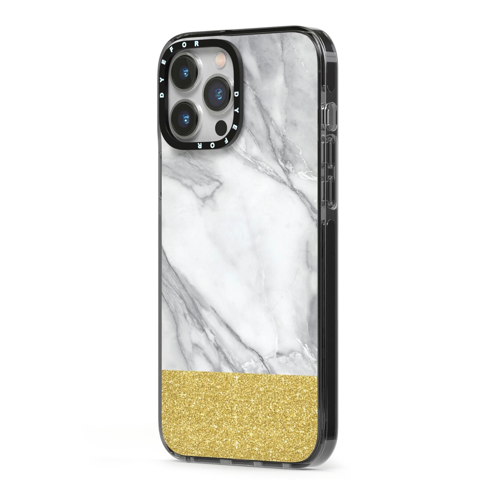 Marble Grey White Gold iPhone 13 Pro Max Black Impact Case Side Angle on Silver phone