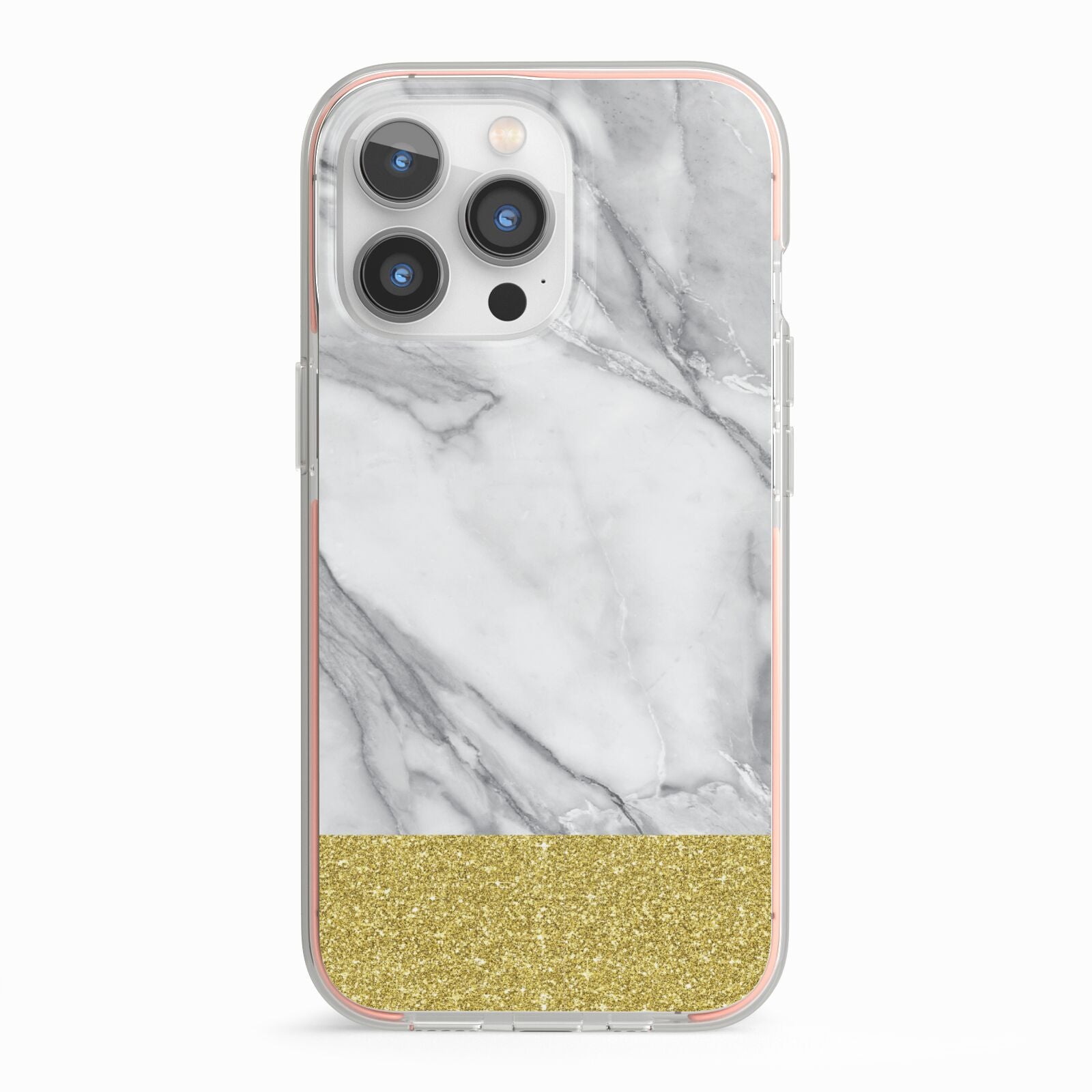 Marble Grey White Gold iPhone 13 Pro TPU Impact Case with Pink Edges