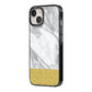 Marble Grey White Gold iPhone 14 Black Impact Case Side Angle on Silver phone