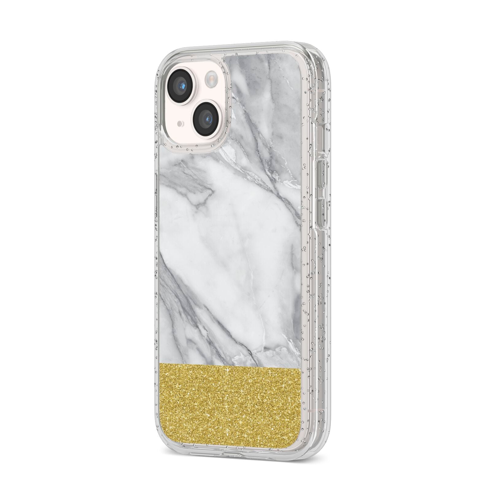 Marble Grey White Gold iPhone 14 Glitter Tough Case Starlight Angled Image