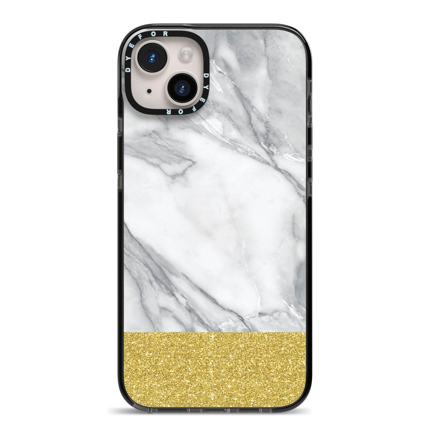 Marble Grey White Gold iPhone 14 Plus Black Impact Case on Silver phone