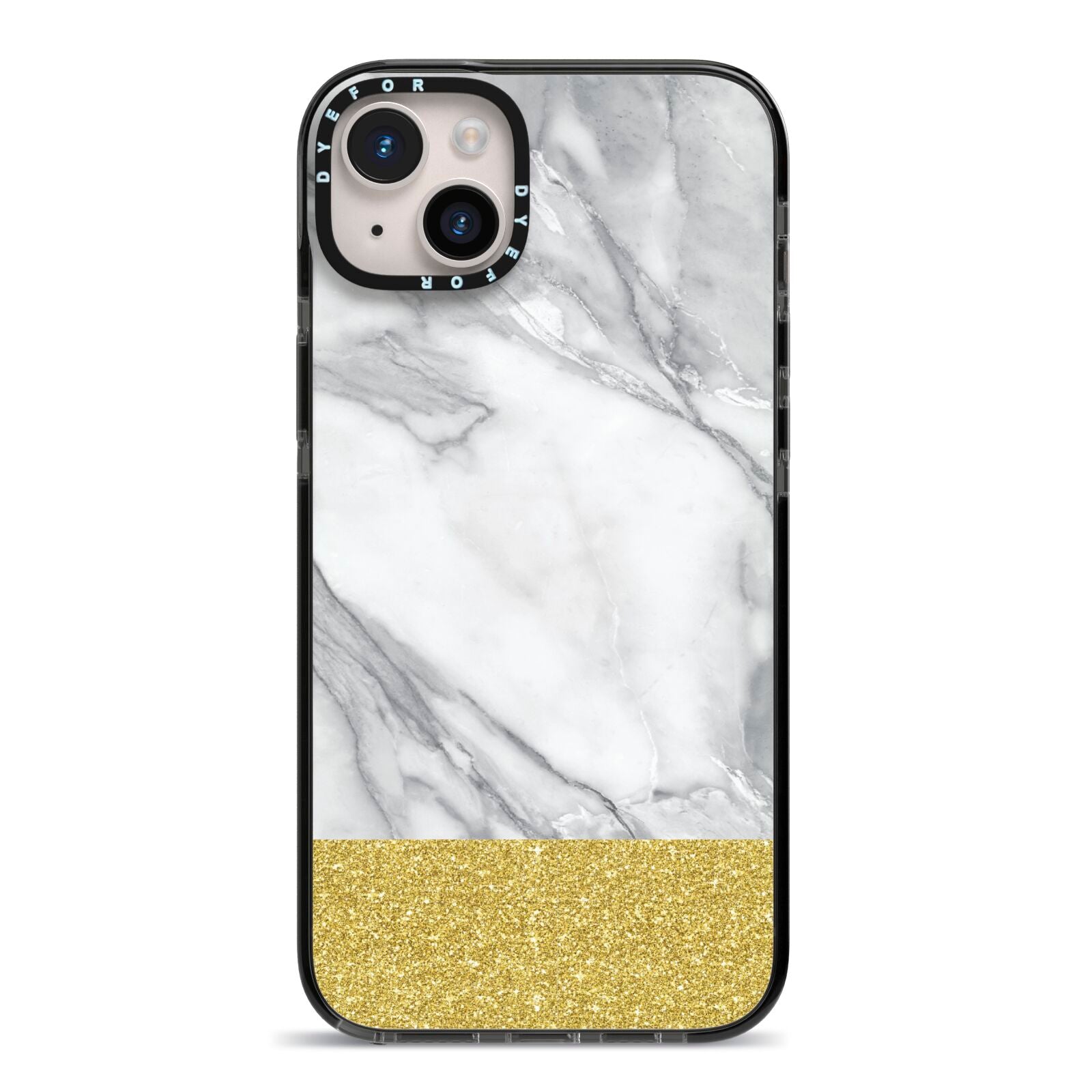 Marble Grey White Gold iPhone 14 Plus Black Impact Case on Silver phone