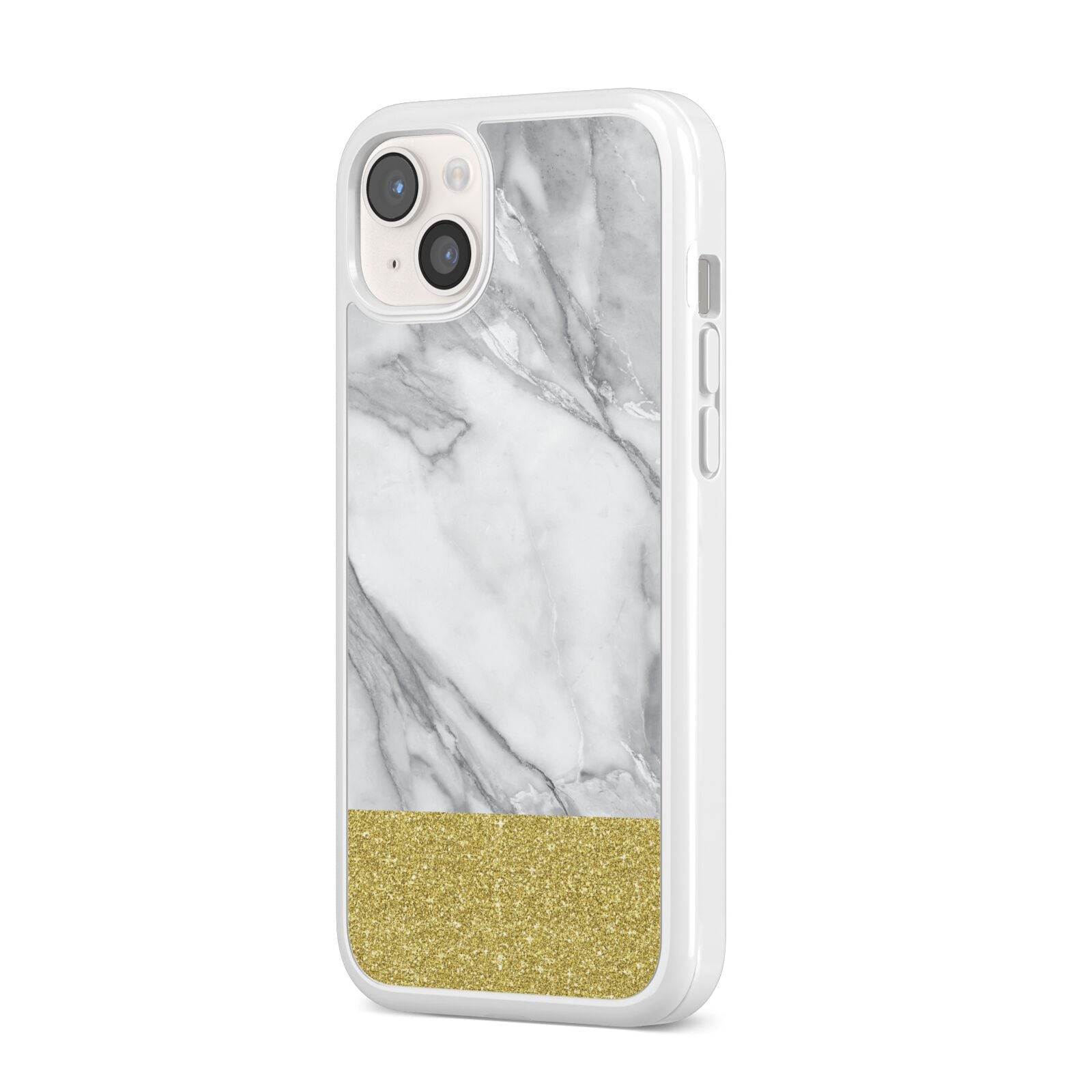 Marble Grey White Gold iPhone 14 Plus Clear Tough Case Starlight Angled Image