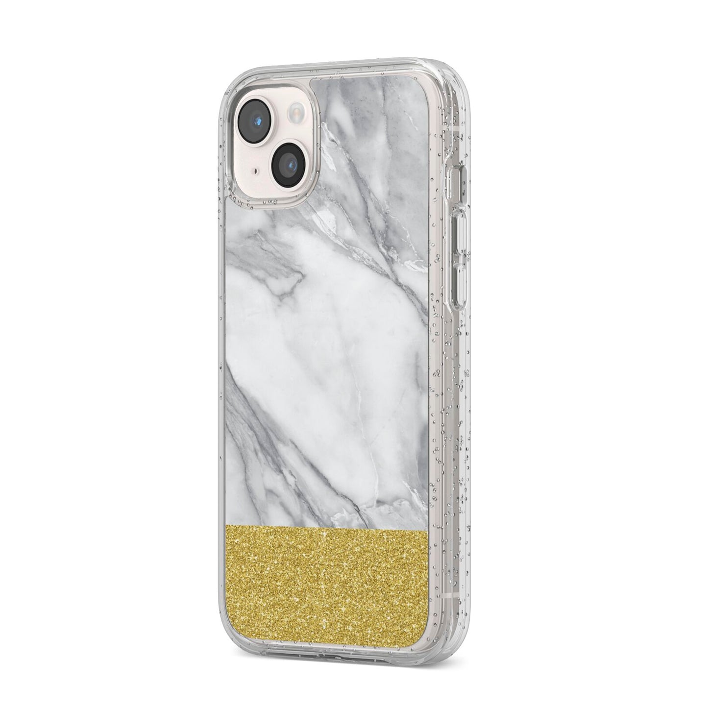 Marble Grey White Gold iPhone 14 Plus Glitter Tough Case Starlight Angled Image