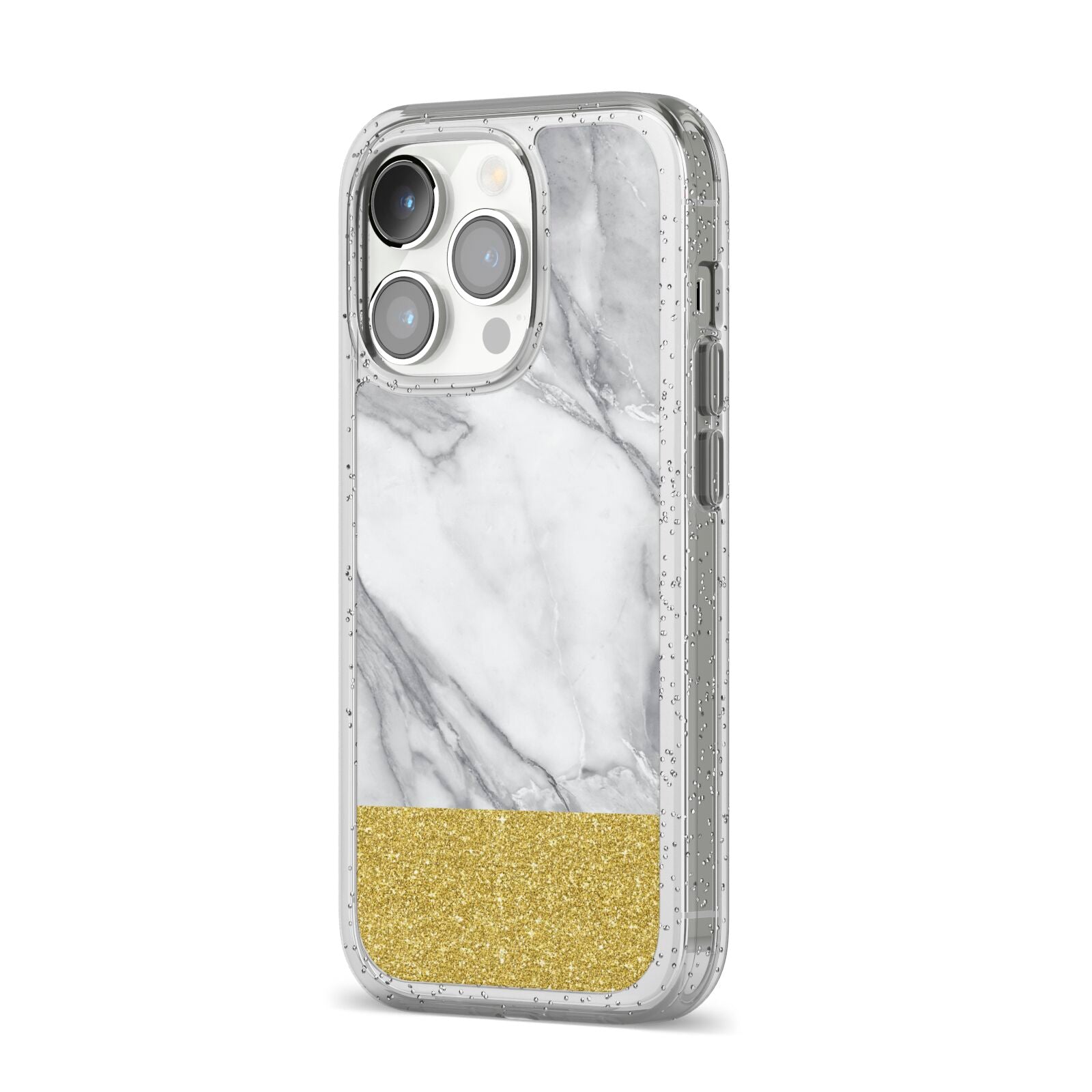 Marble Grey White Gold iPhone 14 Pro Glitter Tough Case Silver Angled Image