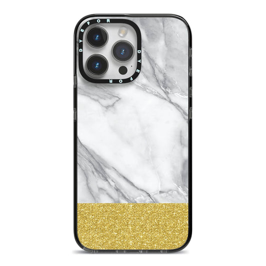 Marble Grey White Gold iPhone 14 Pro Max Black Impact Case on Silver phone