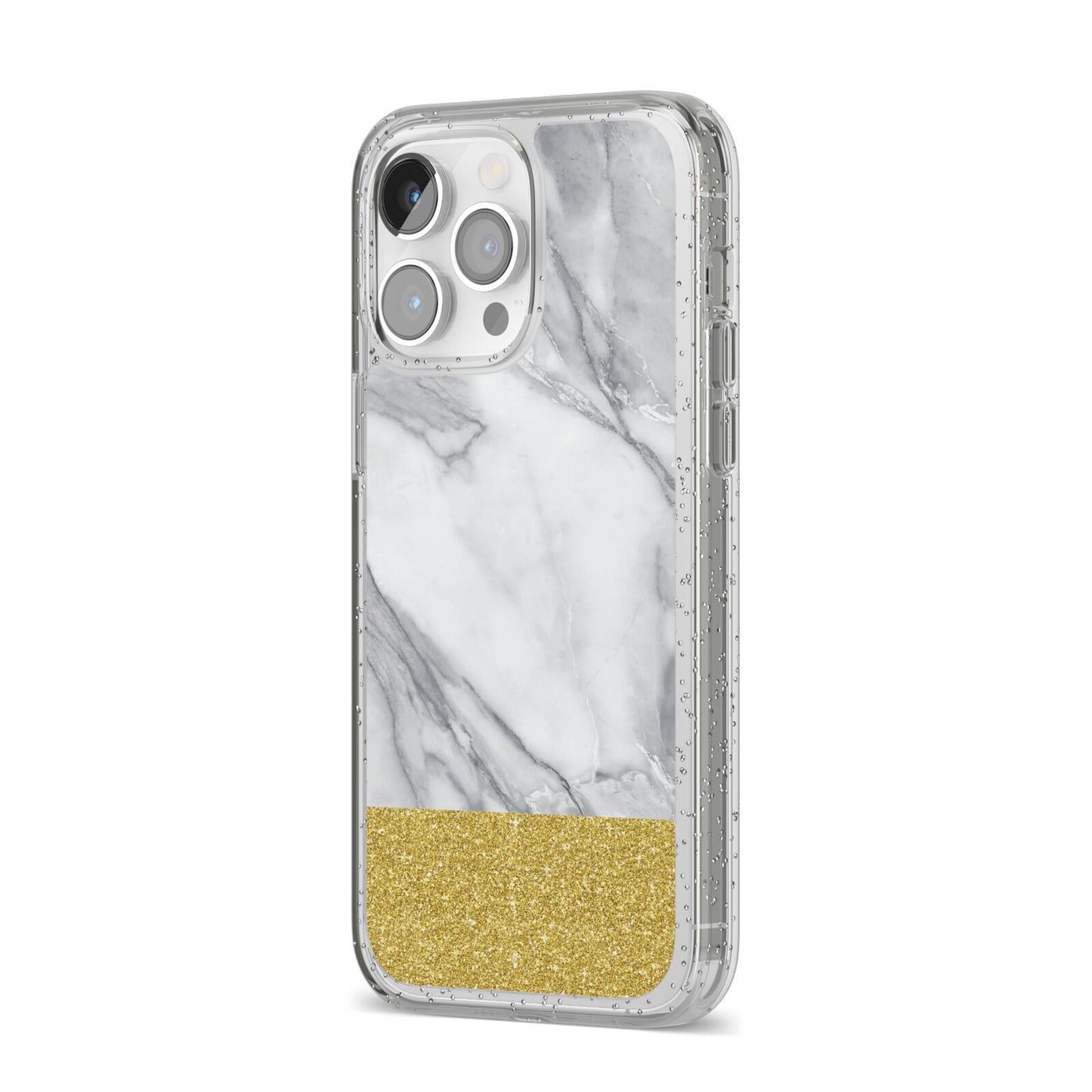Marble Grey White Gold iPhone 14 Pro Max Glitter Tough Case Silver Angled Image