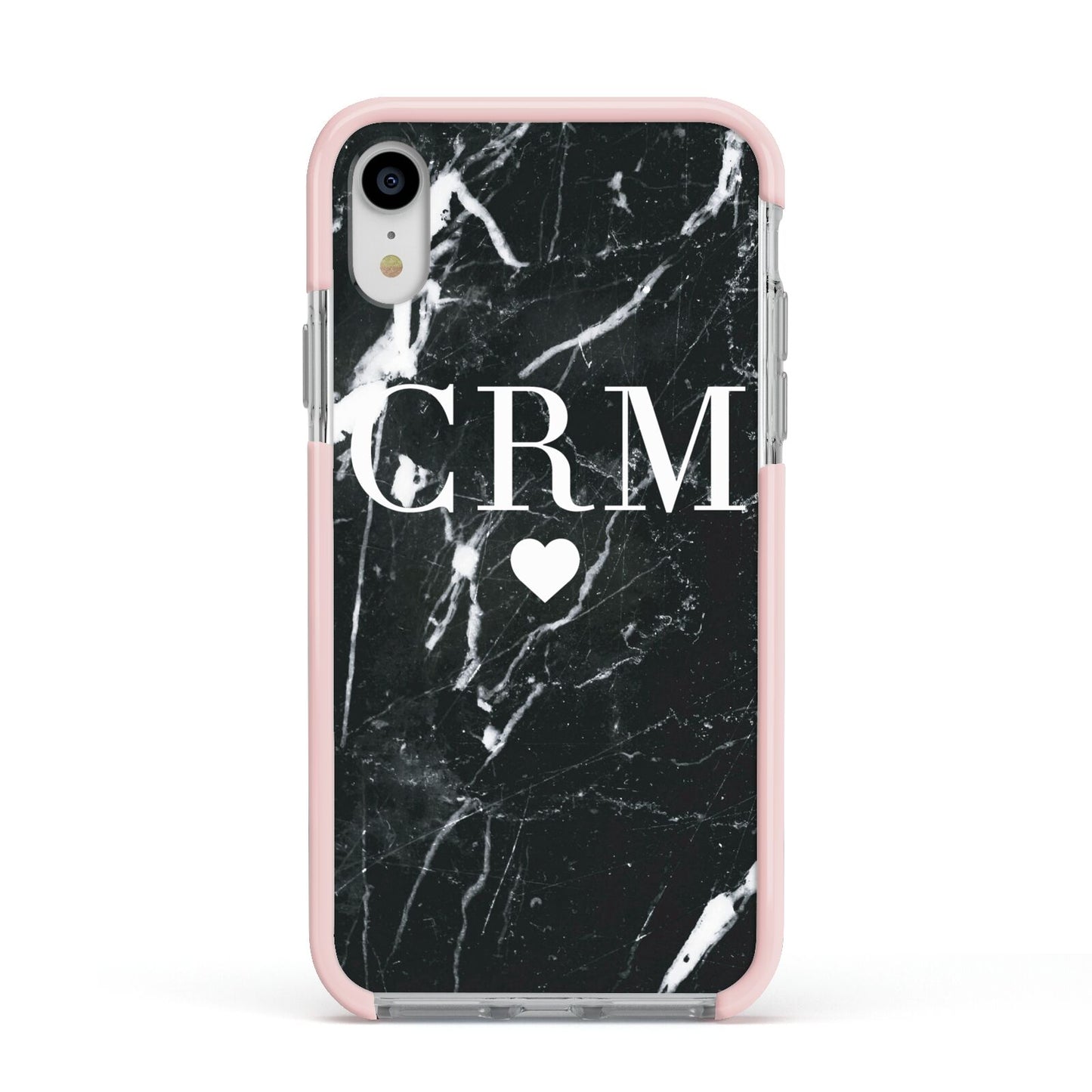 Marble Heart Initials Personalised Apple iPhone XR Impact Case Pink Edge on Silver Phone