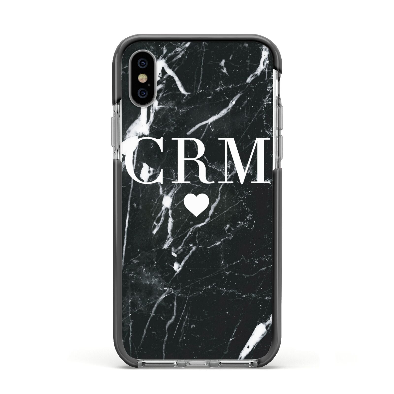 Marble Heart Initials Personalised Apple iPhone Xs Impact Case Black Edge on Silver Phone