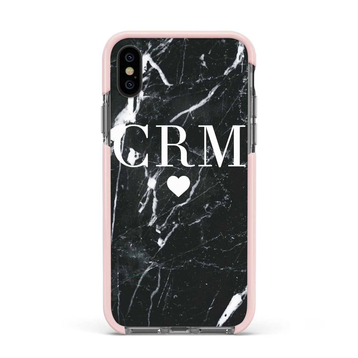 Marble Heart Initials Personalised Apple iPhone Xs Impact Case Pink Edge on Black Phone