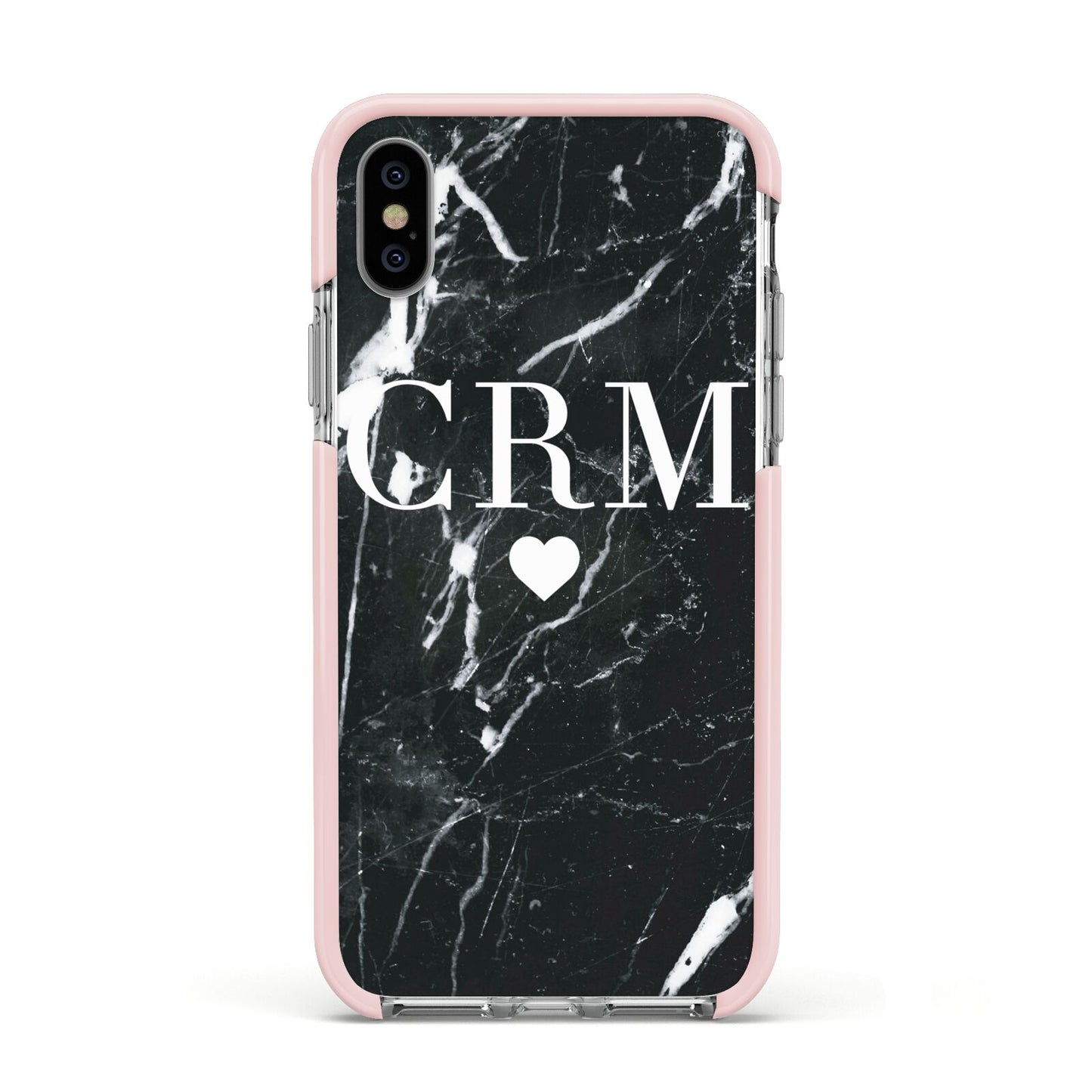 Marble Heart Initials Personalised Apple iPhone Xs Impact Case Pink Edge on Silver Phone