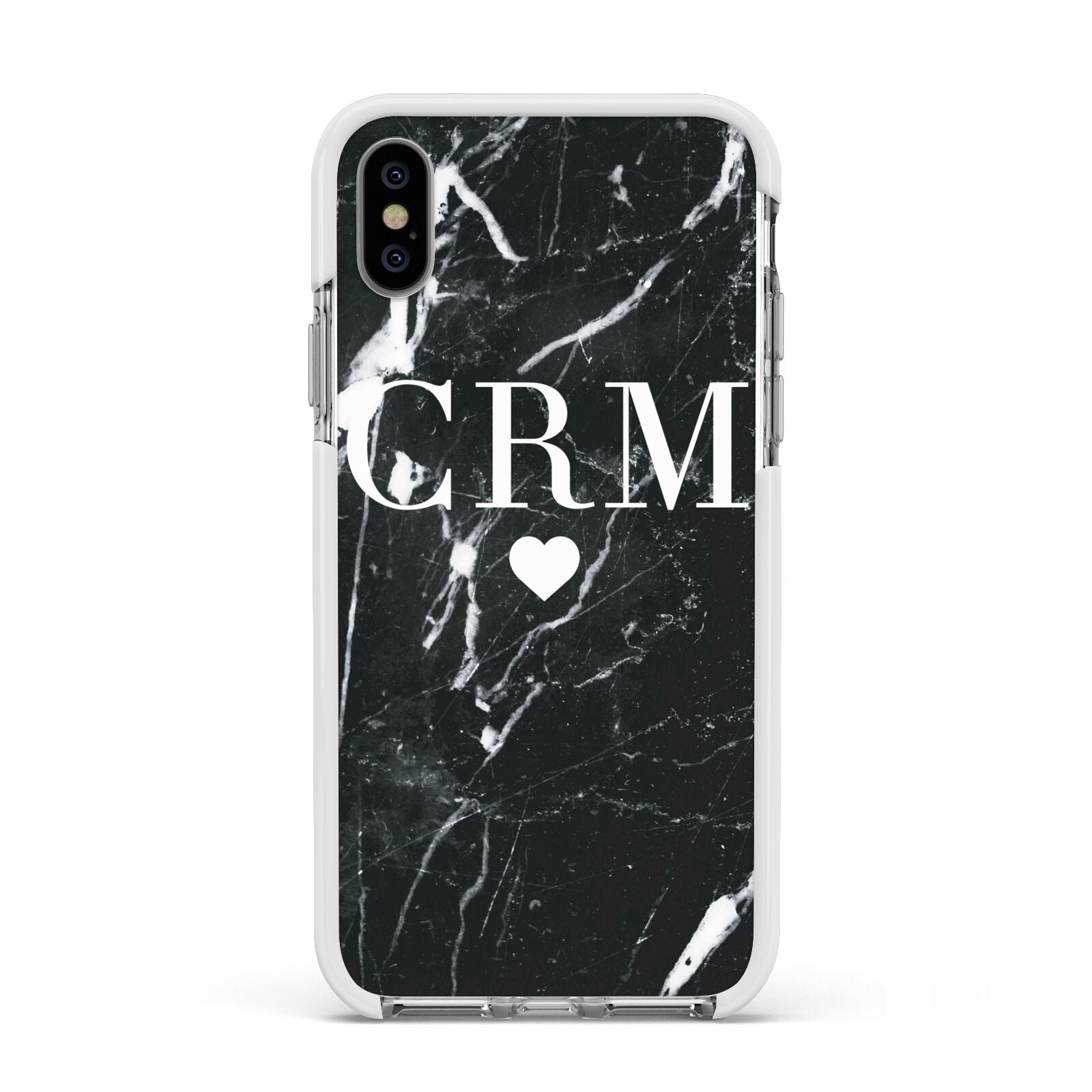 Marble Heart Initials Personalised Apple iPhone Xs Impact Case White Edge on Silver Phone