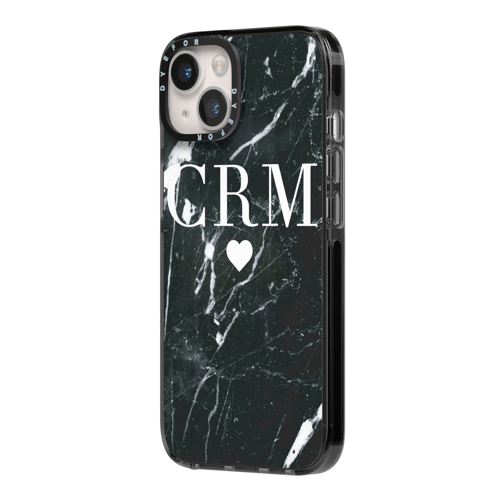 Marble Heart Initials Personalised iPhone 14 Black Impact Case Side Angle on Silver phone