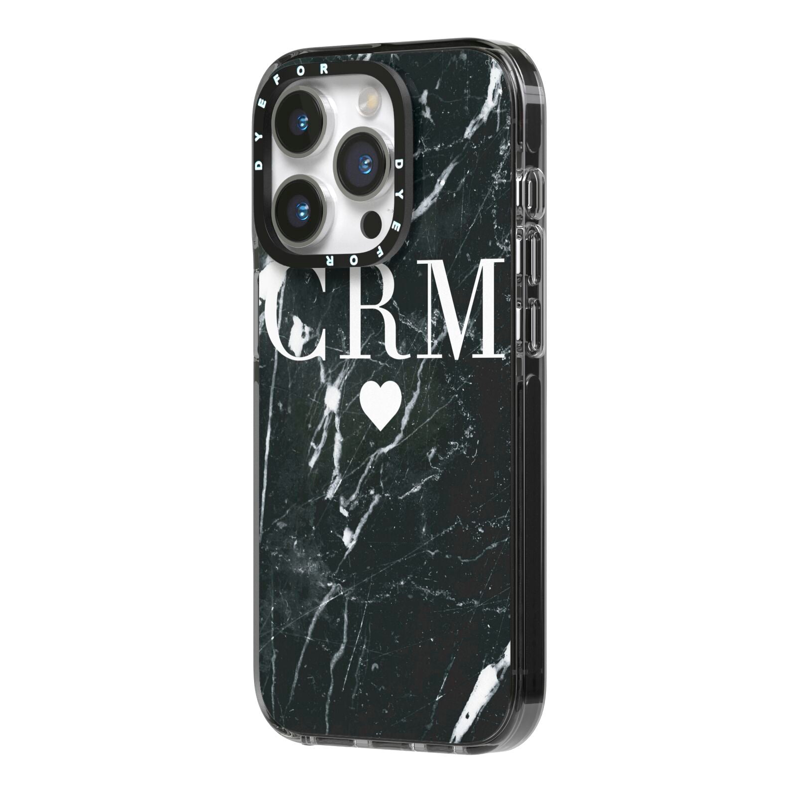 Marble Heart Initials Personalised iPhone 14 Pro Black Impact Case Side Angle on Silver phone