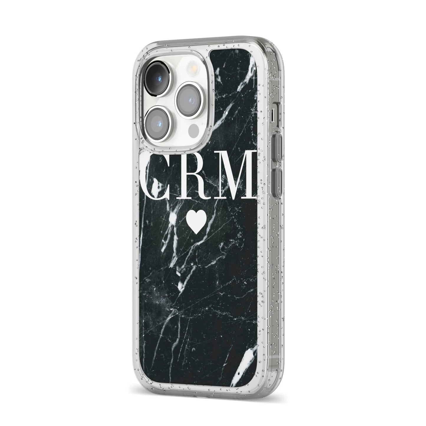 Marble Heart Initials Personalised iPhone 14 Pro Glitter Tough Case Silver Angled Image