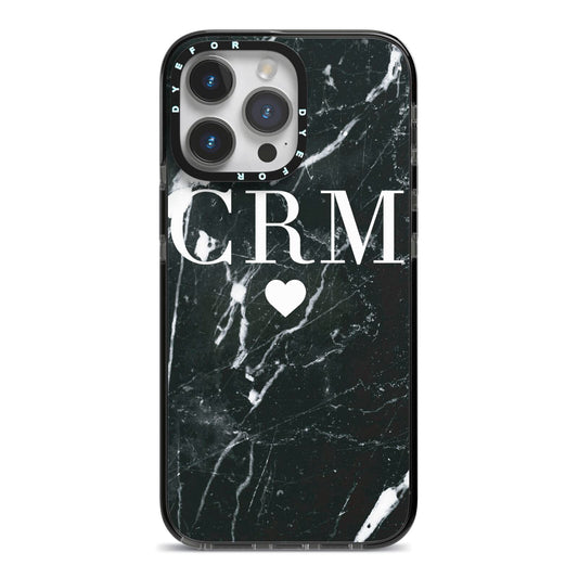 Marble Heart Initials Personalised iPhone 14 Pro Max Black Impact Case on Silver phone