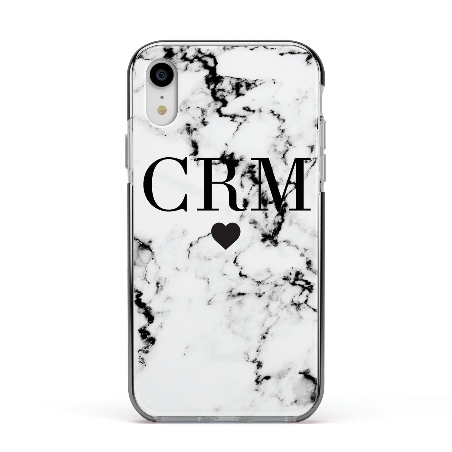 Marble Heart Personalised Initials Apple iPhone XR Impact Case Black Edge on Silver Phone