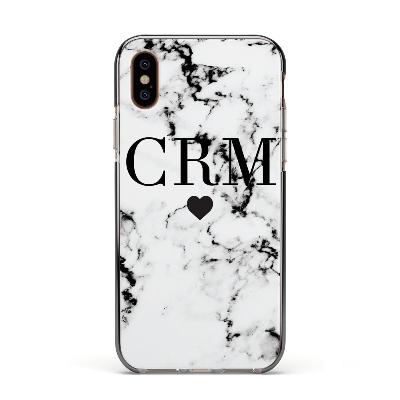Marble Heart Personalised Initials Apple iPhone Xs Impact Case Black Edge on Gold Phone