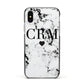Marble Heart Personalised Initials Apple iPhone Xs Impact Case Black Edge on Silver Phone