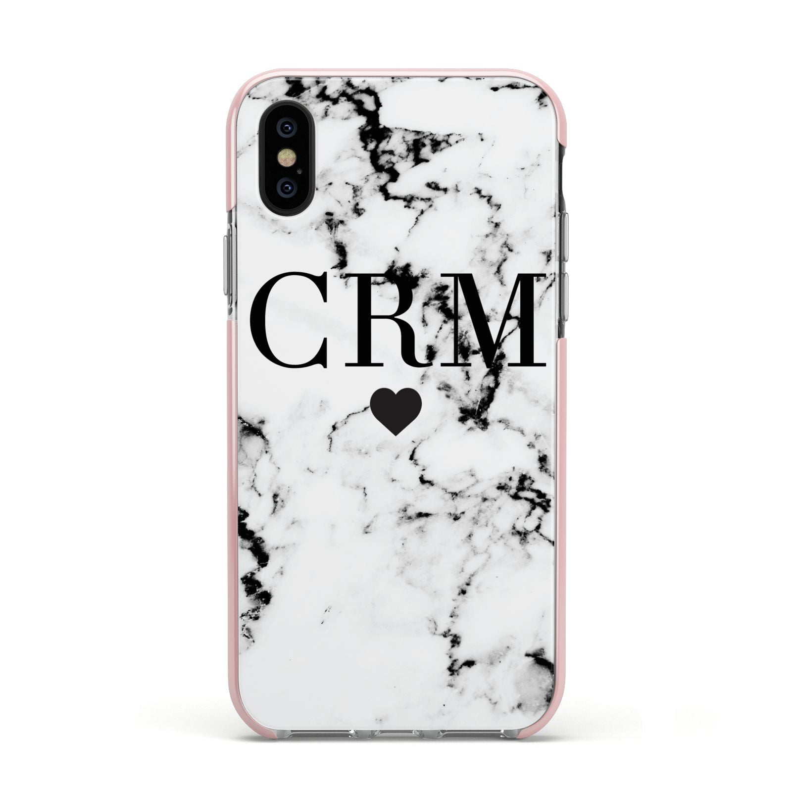 Marble Heart Personalised Initials Apple iPhone Xs Impact Case Pink Edge on Black Phone