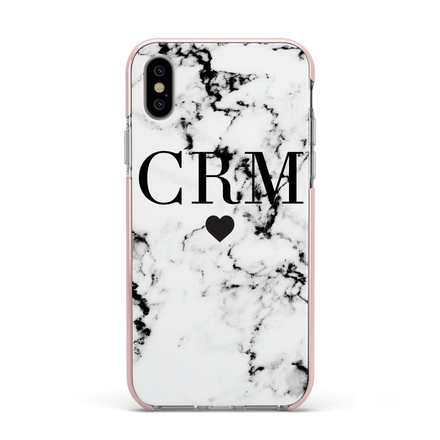 Marble Heart Personalised Initials Apple iPhone Xs Impact Case Pink Edge on Silver Phone