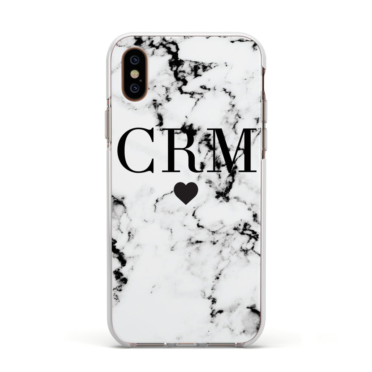 Marble Heart Personalised Initials Apple iPhone Xs Impact Case White Edge on Gold Phone